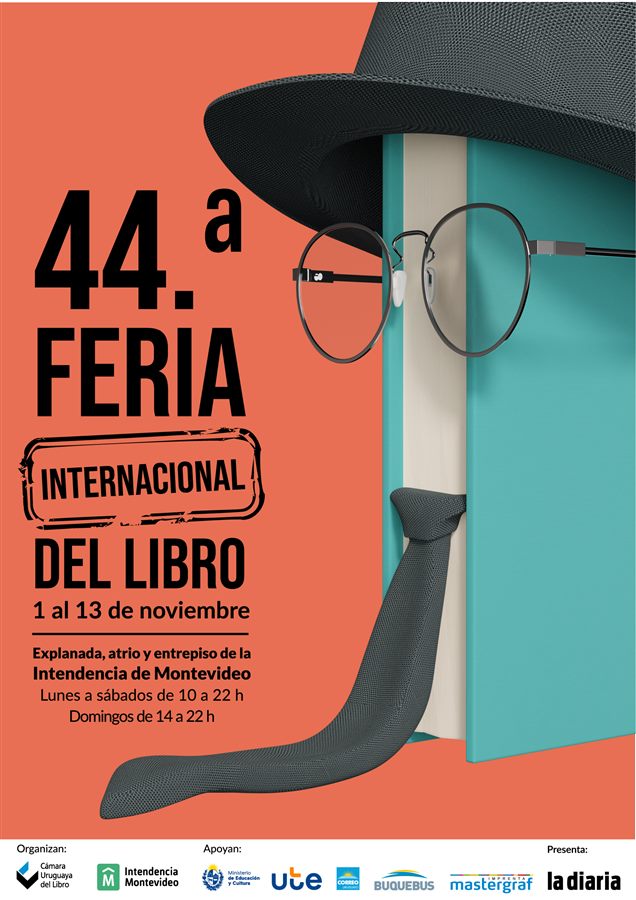 Afiche de la 44ª Feria Internacional del Libro de Montevideo: un libro turquesa con sombrero, anteojos y corbata