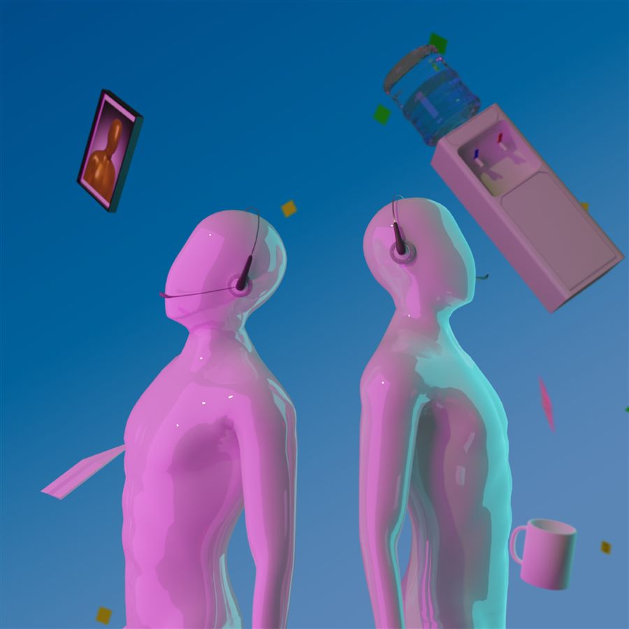 Operators Dream To: dos figuras rosadas con auriculares flotan en un cielo azul entre objetos de oficina